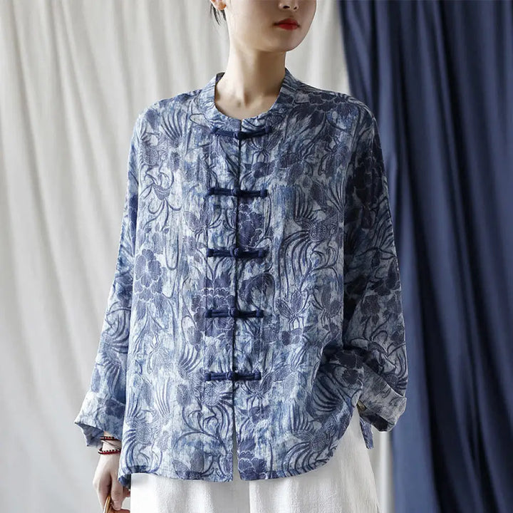 BWOOOH Retro Blue White Flowers Frog-Button Design Long S