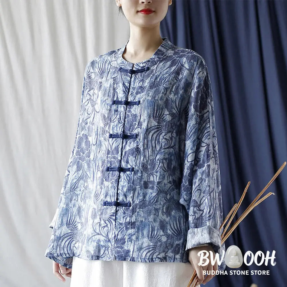 Buddha Stones Retro Blue White Flowers Frog-Button Design Long Sleeve Ramie Linen Jacket Shirt