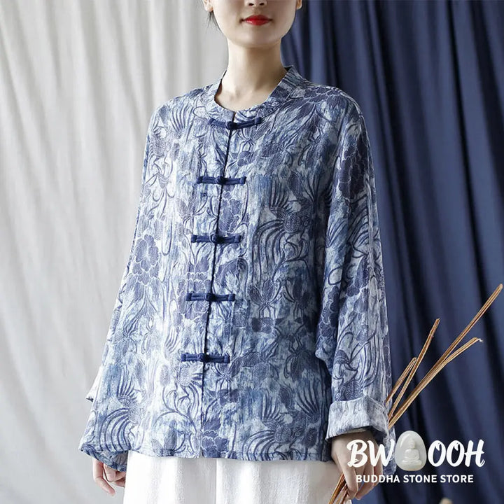 Buddha Stones Retro Blue White Flowers Frog-Button Design Long Sleeve Ramie Linen Jacket Shirt