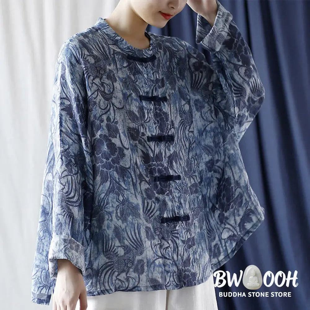 Buddha Stones Retro Blue White Flowers Frog-Button Design Long Sleeve Ramie Linen Jacket Shirt