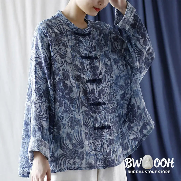 Buddha Stones Retro Blue White Flowers Frog-Button Design Long Sleeve Ramie Linen Jacket Shirt