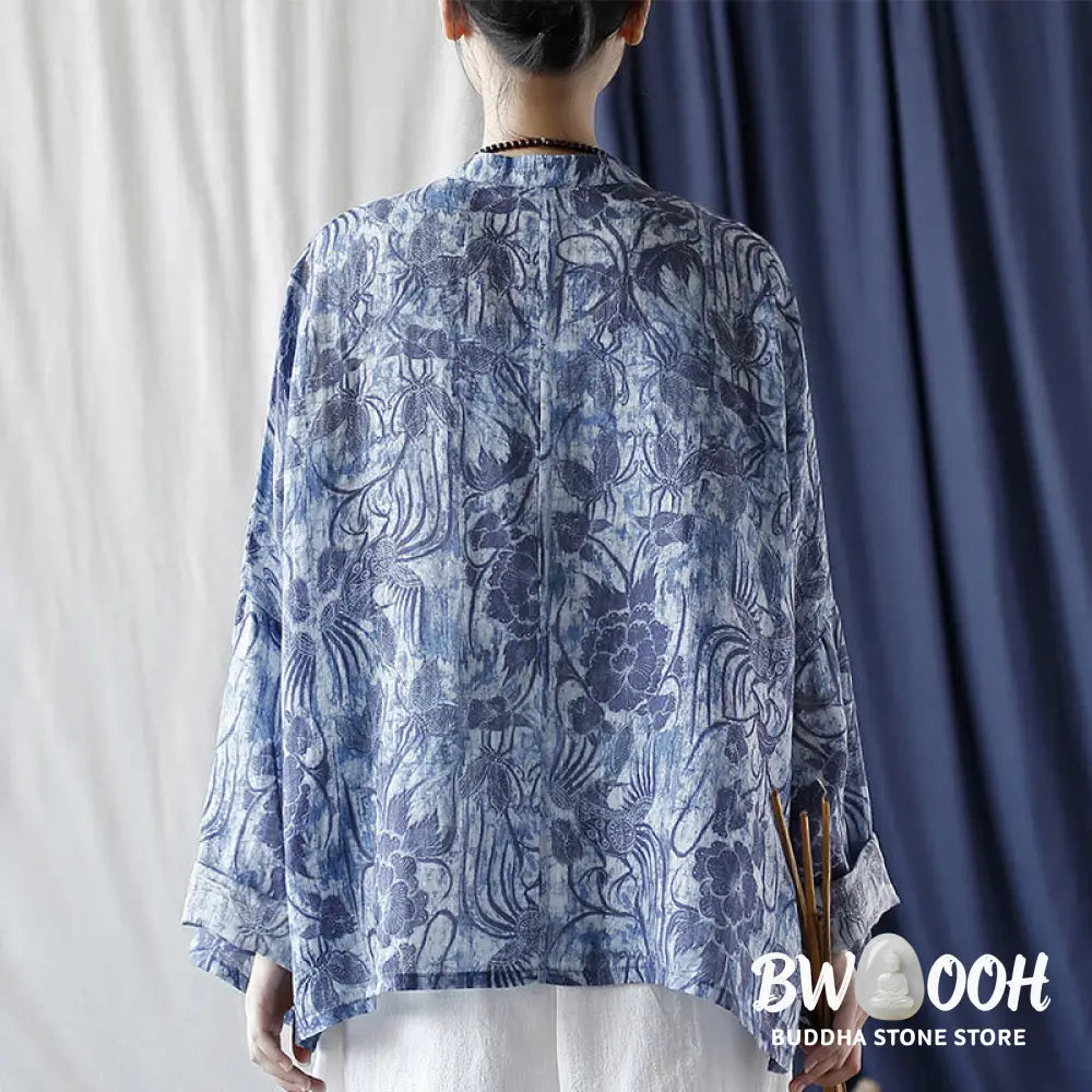 Buddha Stones Retro Blue White Flowers Frog-Button Design Long Sleeve Ramie Linen Jacket Shirt