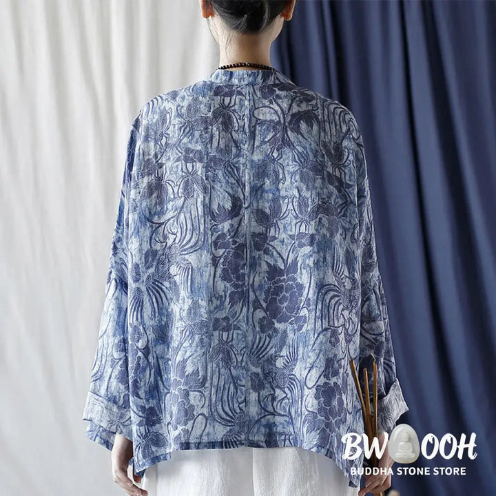 Buddha Stones Retro Blue White Flowers Frog-Button Design Long Sleeve Ramie Linen Jacket Shirt