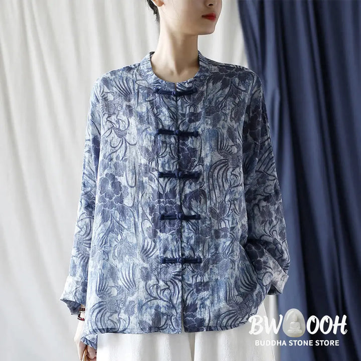 Buddha Stones Retro Blue White Flowers Frog-Button Design Long Sleeve Ramie Linen Jacket Shirt