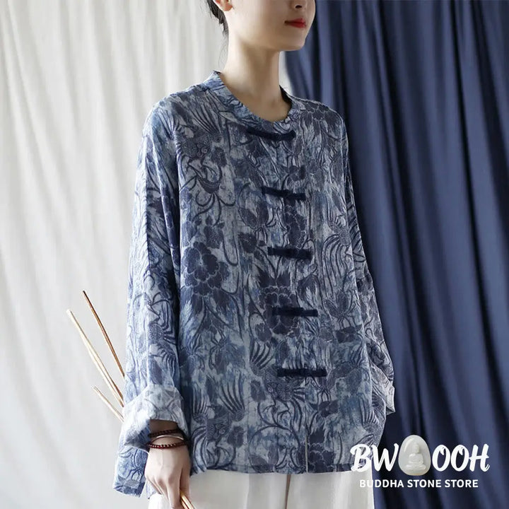 Buddha Stones Retro Blue White Flowers Frog-Button Design Long Sleeve Ramie Linen Jacket Shirt