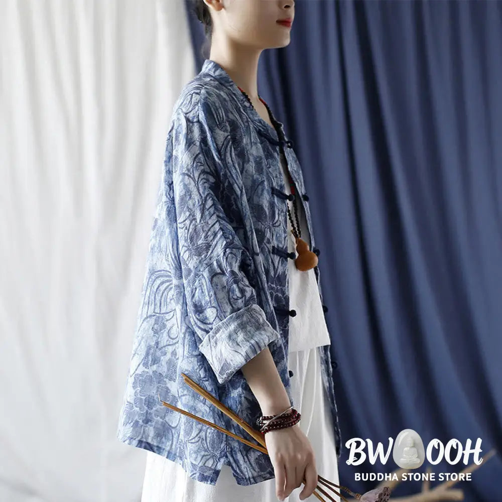 Buddha Stones Retro Blue White Flowers Frog-Button Design Long Sleeve Ramie Linen Jacket Shirt