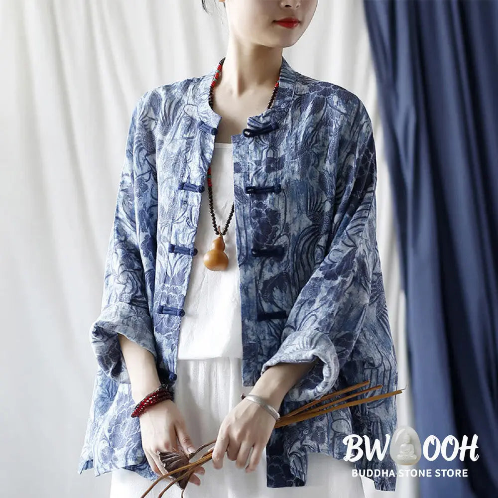 Buddha Stones Retro Blue White Flowers Frog-Button Design Long Sleeve Ramie Linen Jacket Shirt