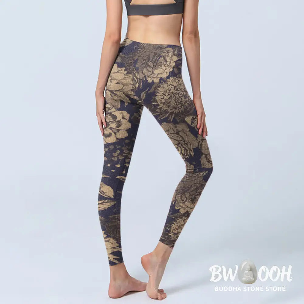 Buddha Stones Retro Color Scheme Flower Butterfly Leaf Print Gym Leggings Women&