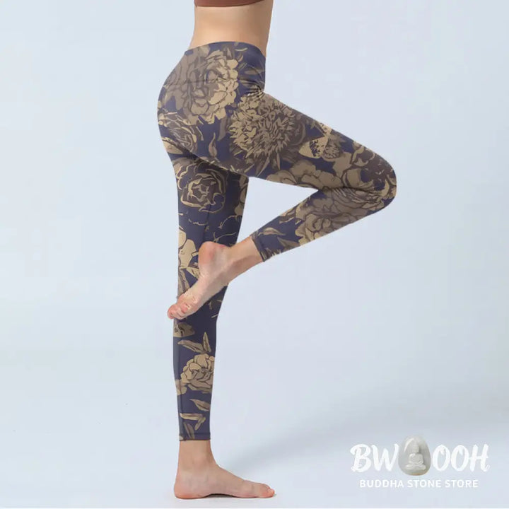 Buddha Stones Retro Color Scheme Flower Butterfly Leaf Print Gym Leggings Women&