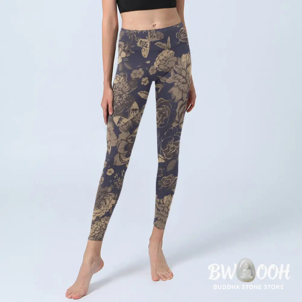 Buddha Stones Retro Color Scheme Flower Butterfly Leaf Print Gym Leggings Women&