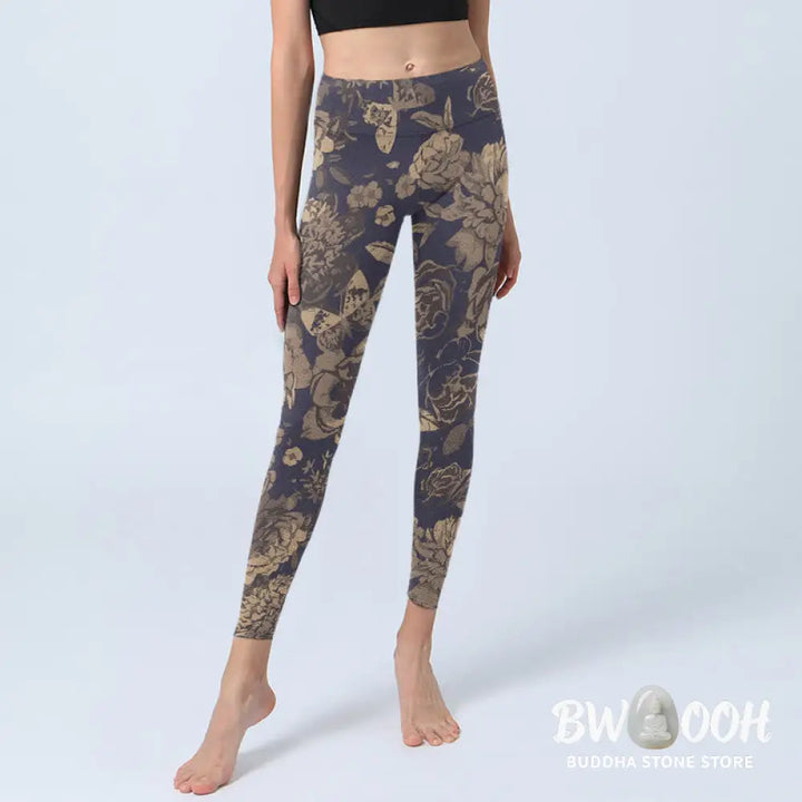 Buddha Stones Retro Color Scheme Flower Butterfly Leaf Print Gym Leggings Women&