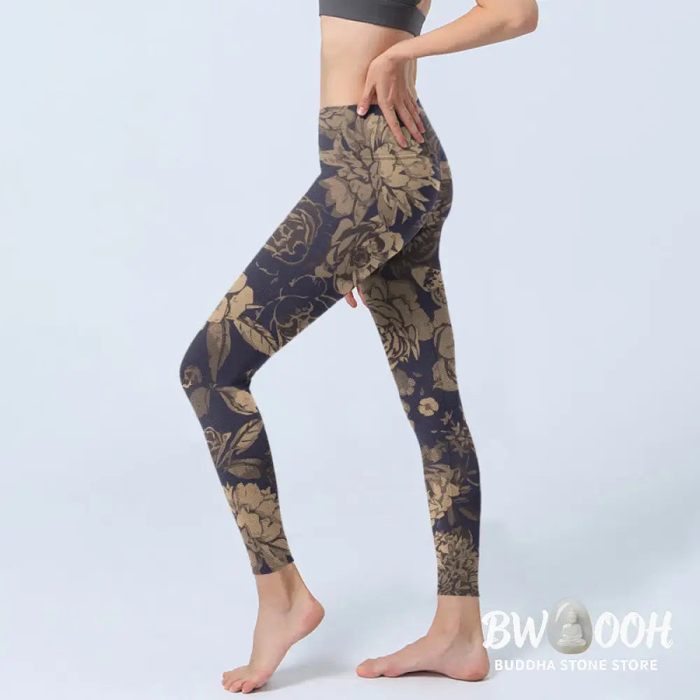 Buddha Stones Retro Color Scheme Flower Butterfly Leaf Print Gym Leggings Women&