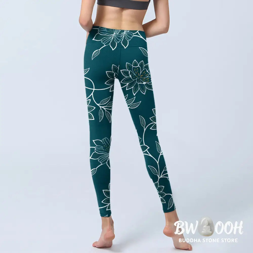 Buddha Stones Retro Elegant Flower Leaf Pattern Print Gym Leggings Women&
