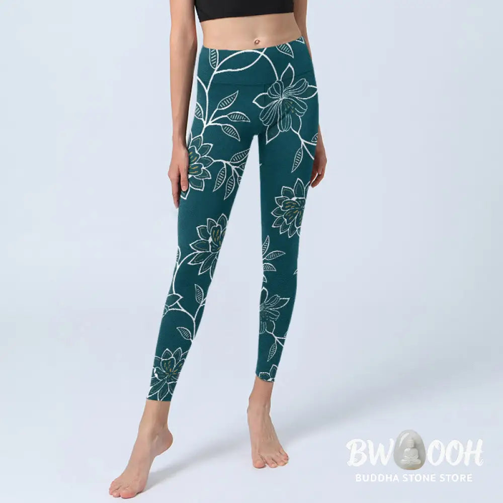 Buddha Stones Retro Elegant Flower Leaf Pattern Print Gym Leggings Women&