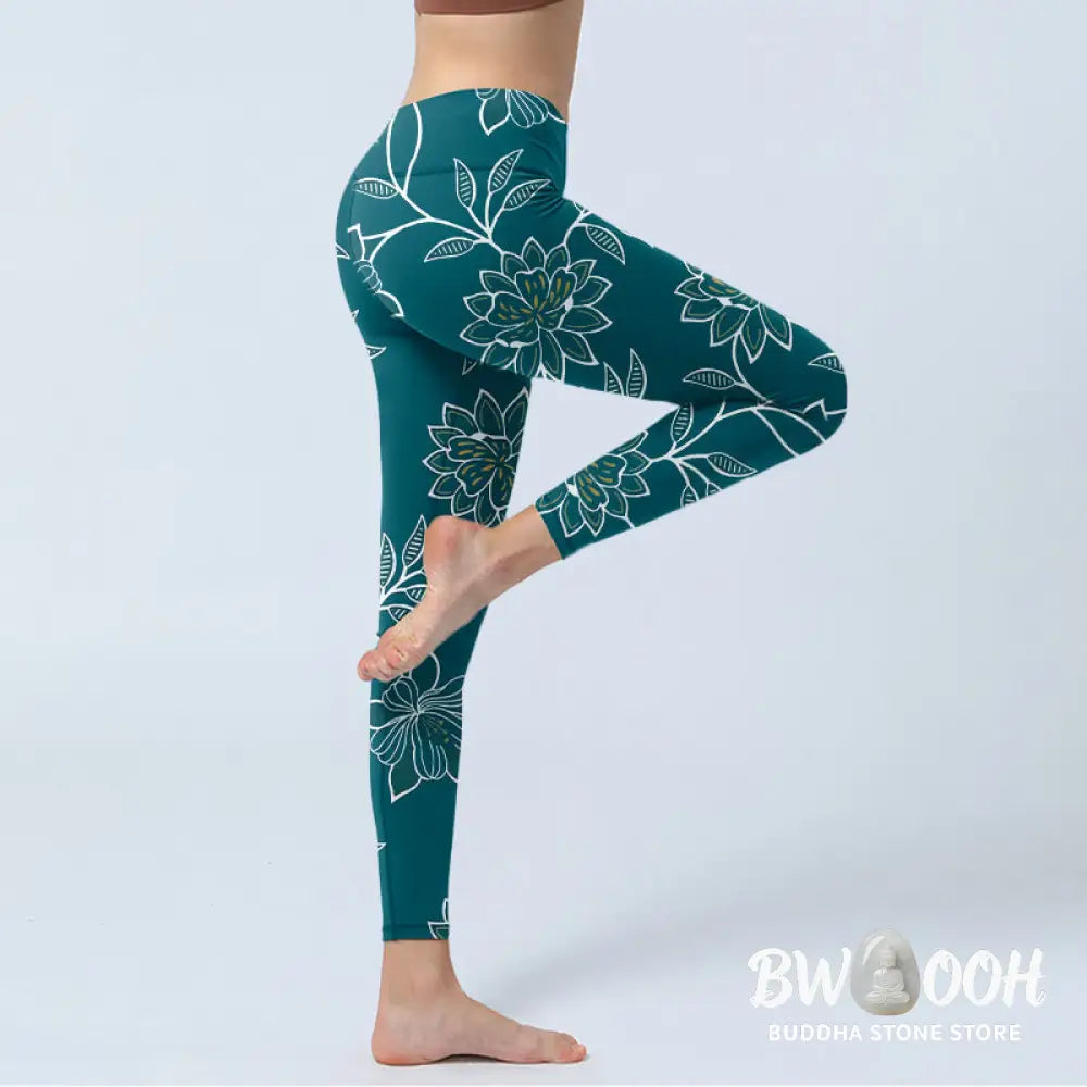 Buddha Stones Retro Elegant Flower Leaf Pattern Print Gym Leggings Women&