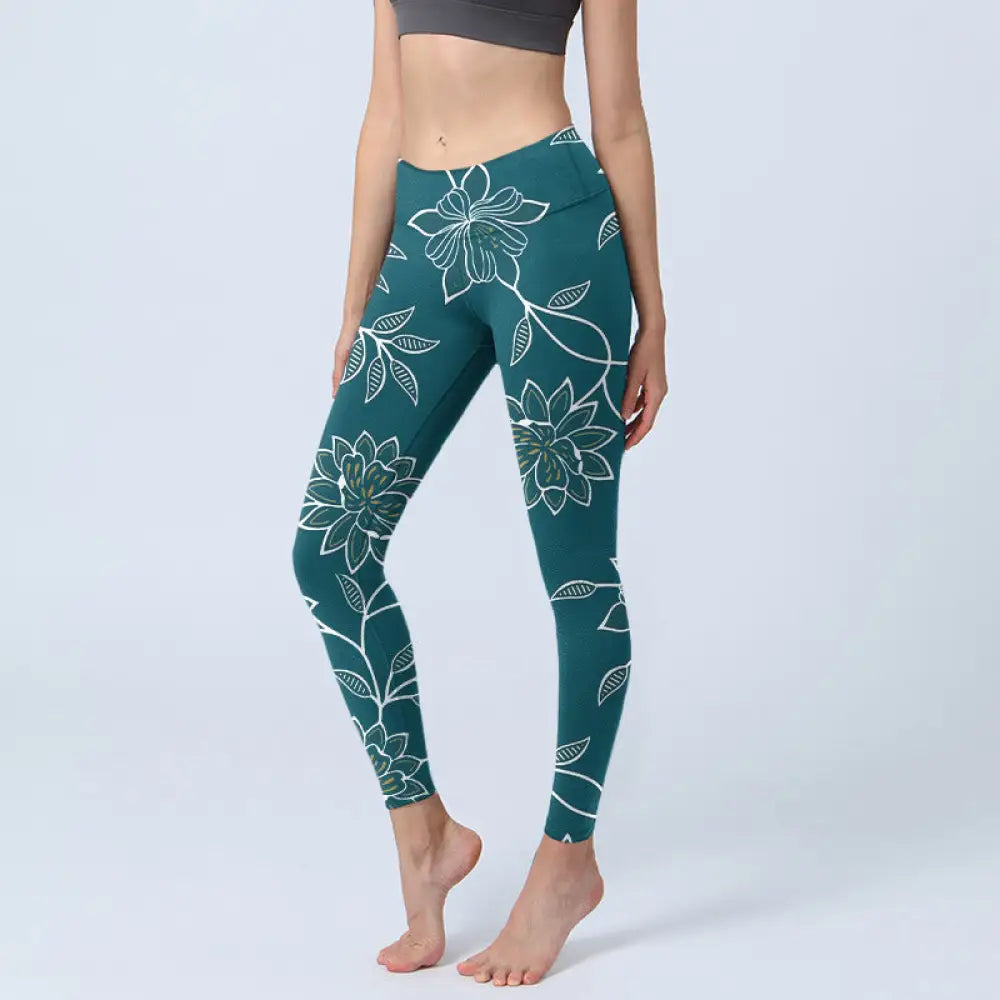 BWOOOH printed yoga leggings - Retro Elegant Flower Leaf Pattern Print 