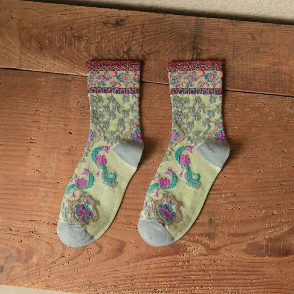 Buddha Stones Retro Embossed Floral Pattern Micro Crew Women Cotton Socks - LightGreen / One Size Fits Most