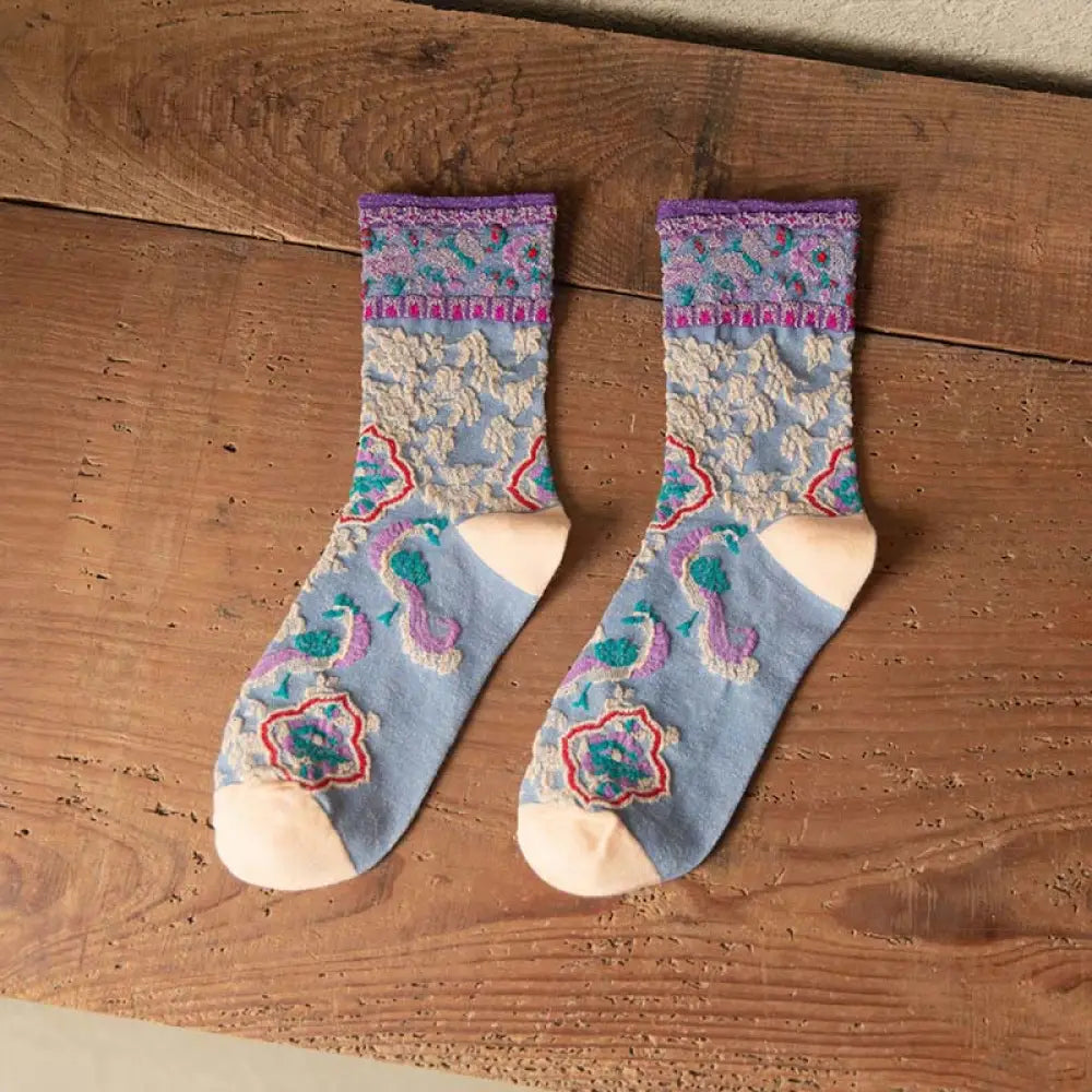 Buddha Stones Retro Embossed Floral Pattern Micro Crew Women Cotton Socks - LightSteelBlue / One Size Fits Most