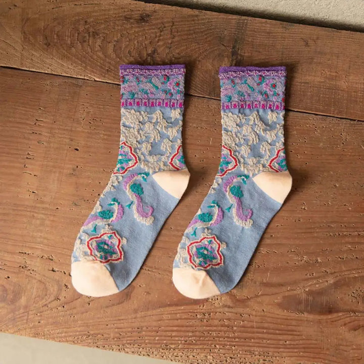 Buddha Stones Retro Embossed Floral Pattern Micro Crew Women Cotton Socks - LightSteelBlue / One Size Fits Most