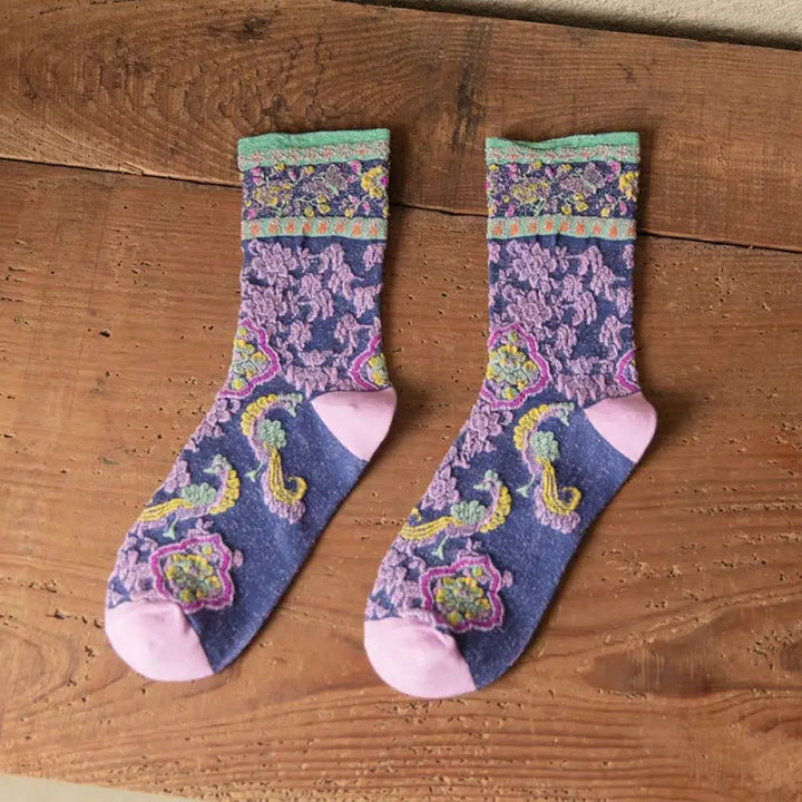 Buddha Stones Retro Embossed Floral Pattern Micro Crew Women Cotton Socks - SlateBlue / One Size Fits Most