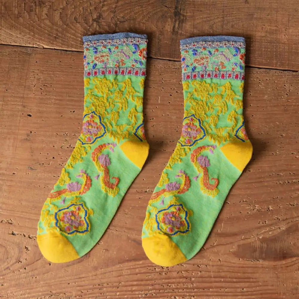 Buddha Stones Retro Embossed Floral Pattern Micro Crew Women Cotton Socks - SpringGreen / One Size Fits Most