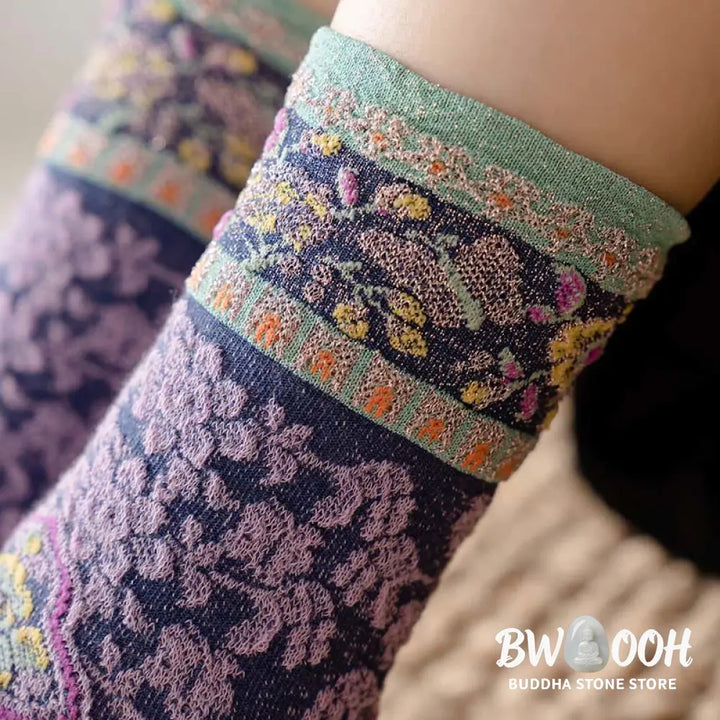 Buddha Stones Retro Embossed Floral Pattern Micro Crew Women Cotton Socks - Women’s Socks
