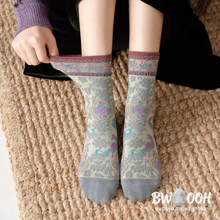 Buddha Stones Retro Embossed Floral Pattern Micro Crew Women Cotton Socks - Women’s Socks