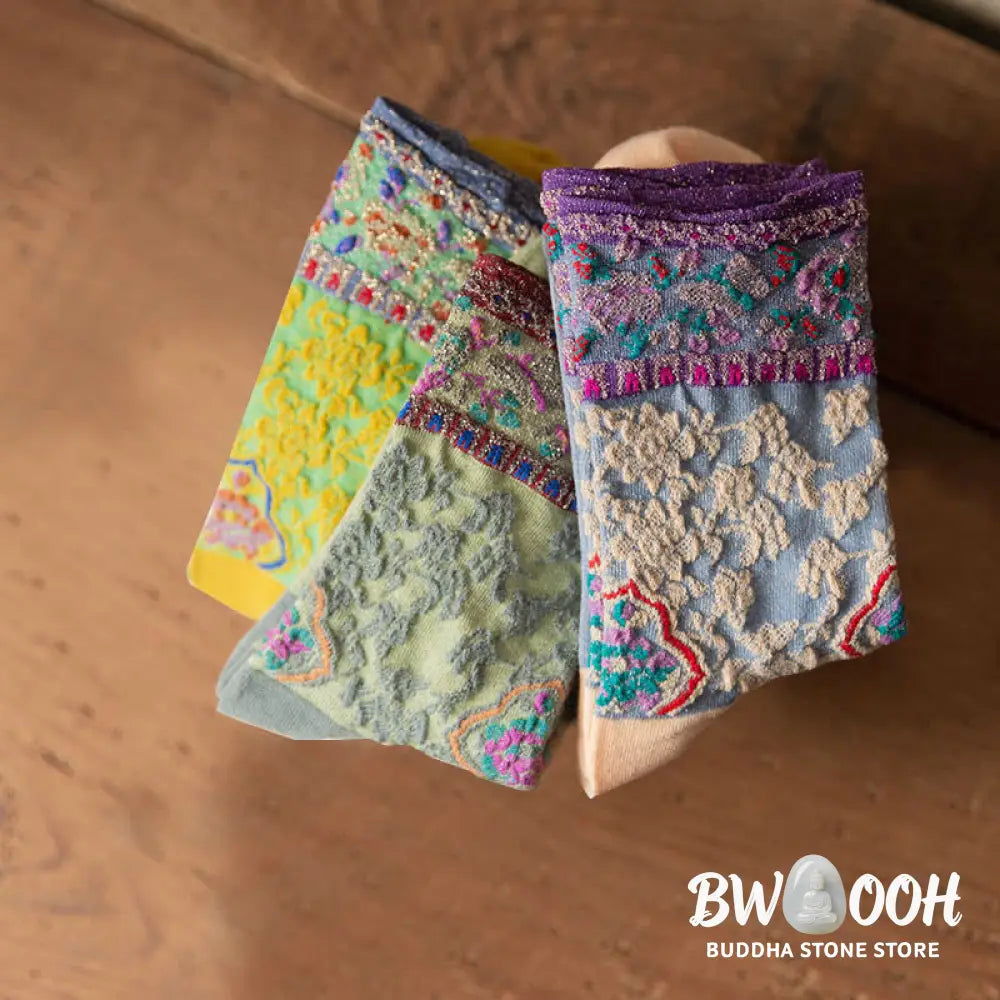 Buddha Stones Retro Embossed Floral Pattern Micro Crew Women Cotton Socks - Women’s Socks