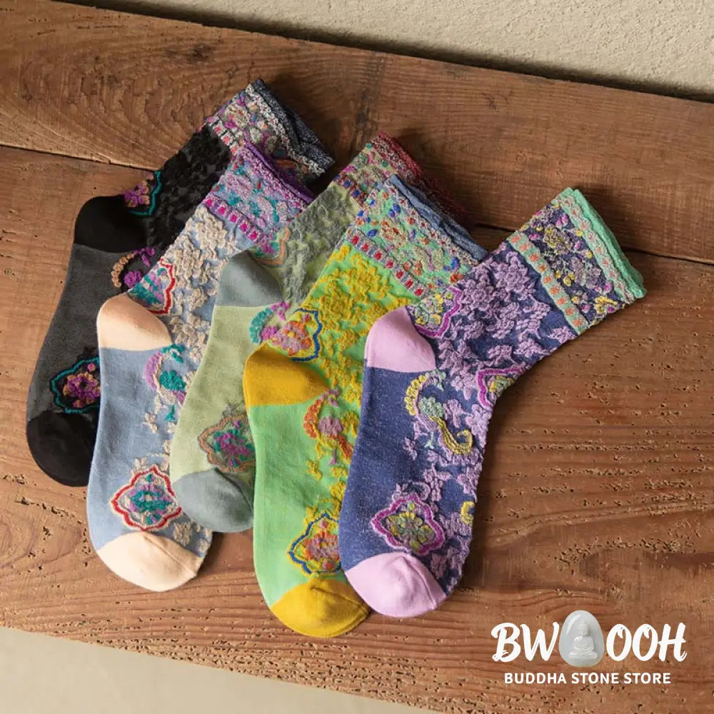 Buddha Stones Retro Embossed Floral Pattern Micro Crew Women Cotton Socks - Women’s Socks