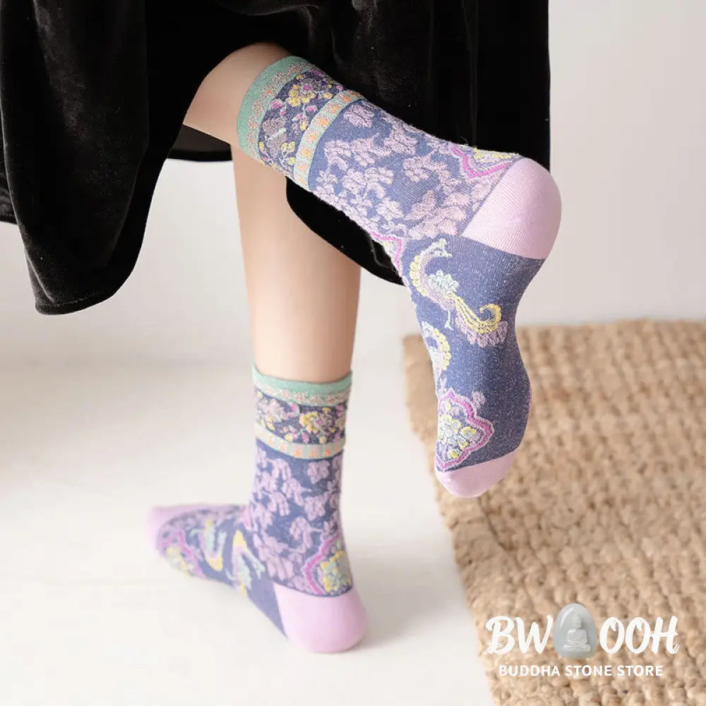 Buddha Stones Retro Embossed Floral Pattern Micro Crew Women Cotton Socks - Women’s Socks
