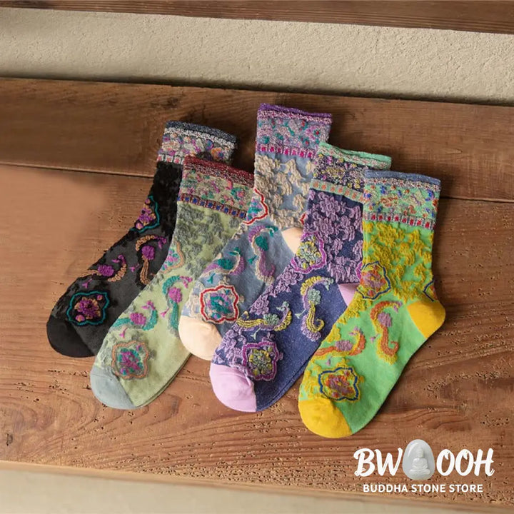 Buddha Stones Retro Embossed Floral Pattern Micro Crew Women Cotton Socks - Women’s Socks