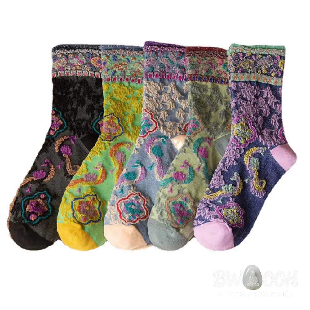 Buddha Stones Retro Embossed Floral Pattern Micro Crew Women Cotton Socks - Women’s Socks