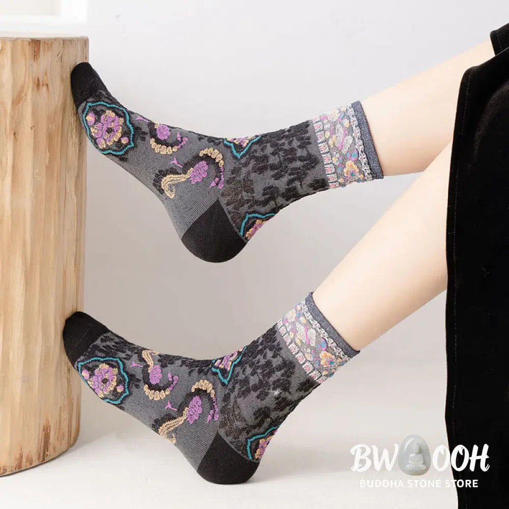 Buddha Stones Retro Embossed Floral Pattern Micro Crew Women Cotton Socks - Women’s Socks