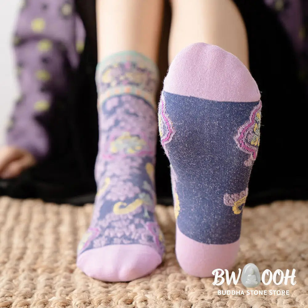 Buddha Stones Retro Embossed Floral Pattern Micro Crew Women Cotton Socks - Women’s Socks