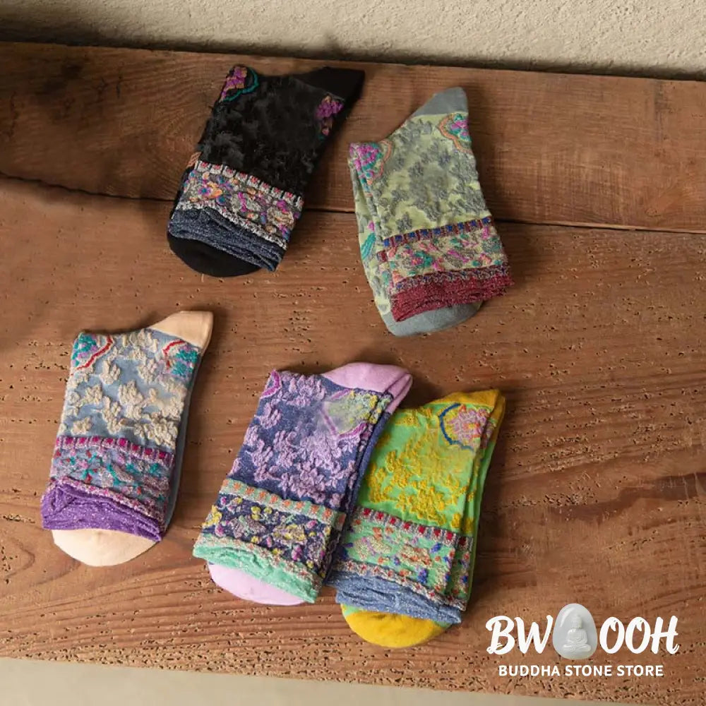 Buddha Stones Retro Embossed Floral Pattern Micro Crew Women Cotton Socks - Women’s Socks