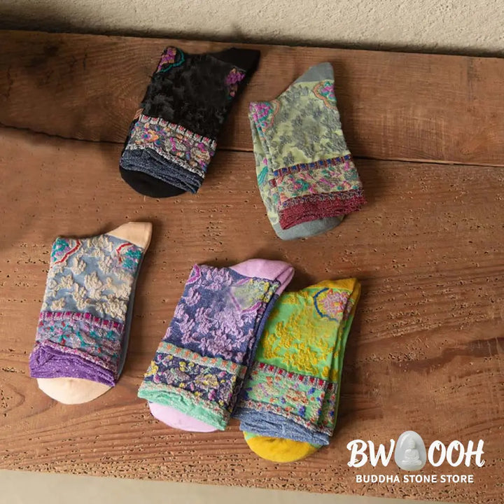 Buddha Stones Retro Embossed Floral Pattern Micro Crew Women Cotton Socks - Women’s Socks