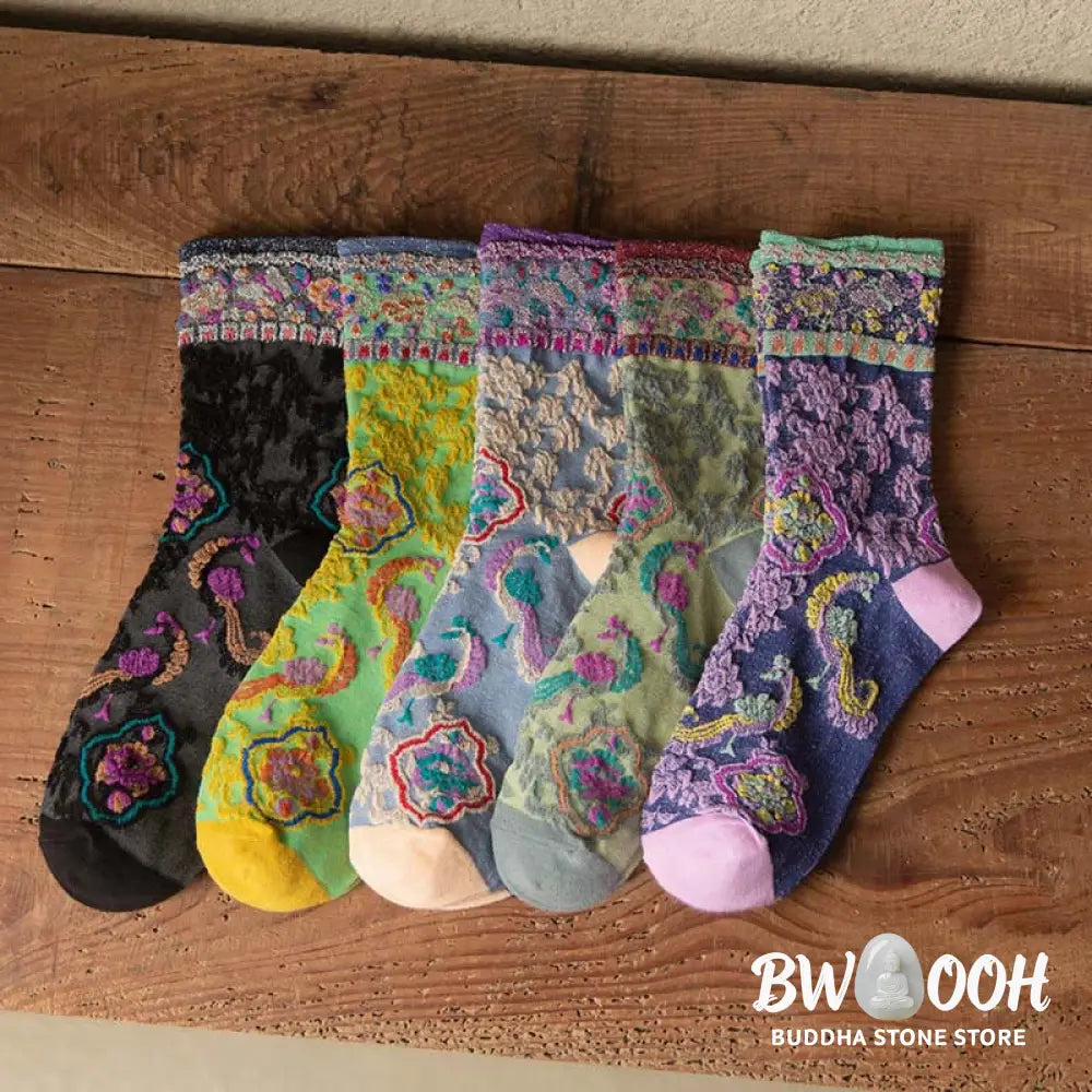Buddha Stones Retro Embossed Floral Pattern Micro Crew Women Cotton Socks - Women’s Socks