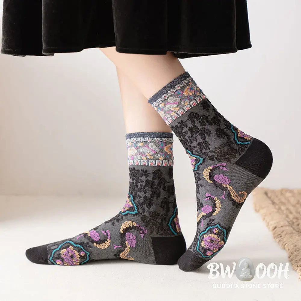 Buddha Stones Retro Embossed Floral Pattern Micro Crew Women Cotton Socks - Women’s Socks