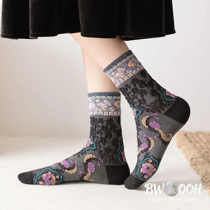 Buddha Stones Retro Embossed Floral Pattern Micro Crew Women Cotton Socks - Women’s Socks