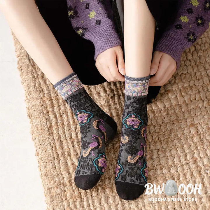 Buddha Stones Retro Embossed Floral Pattern Micro Crew Women Cotton Socks - Women’s Socks