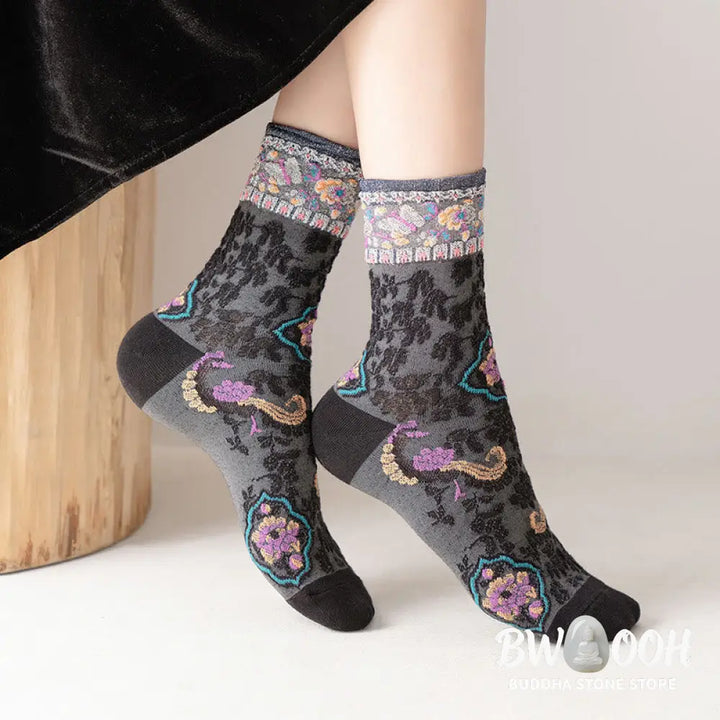 Buddha Stones Retro Embossed Floral Pattern Micro Crew Women Cotton Socks - Women’s Socks