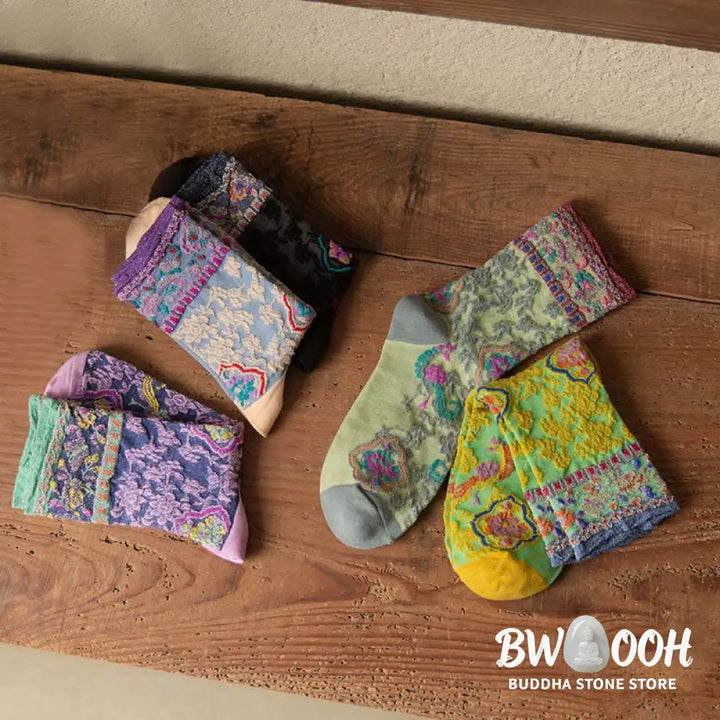 Buddha Stones Retro Embossed Floral Pattern Micro Crew Women Cotton Socks - Women’s Socks