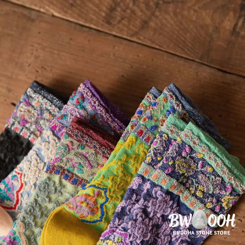 Buddha Stones Retro Embossed Floral Pattern Micro Crew Women Cotton Socks - Women’s Socks