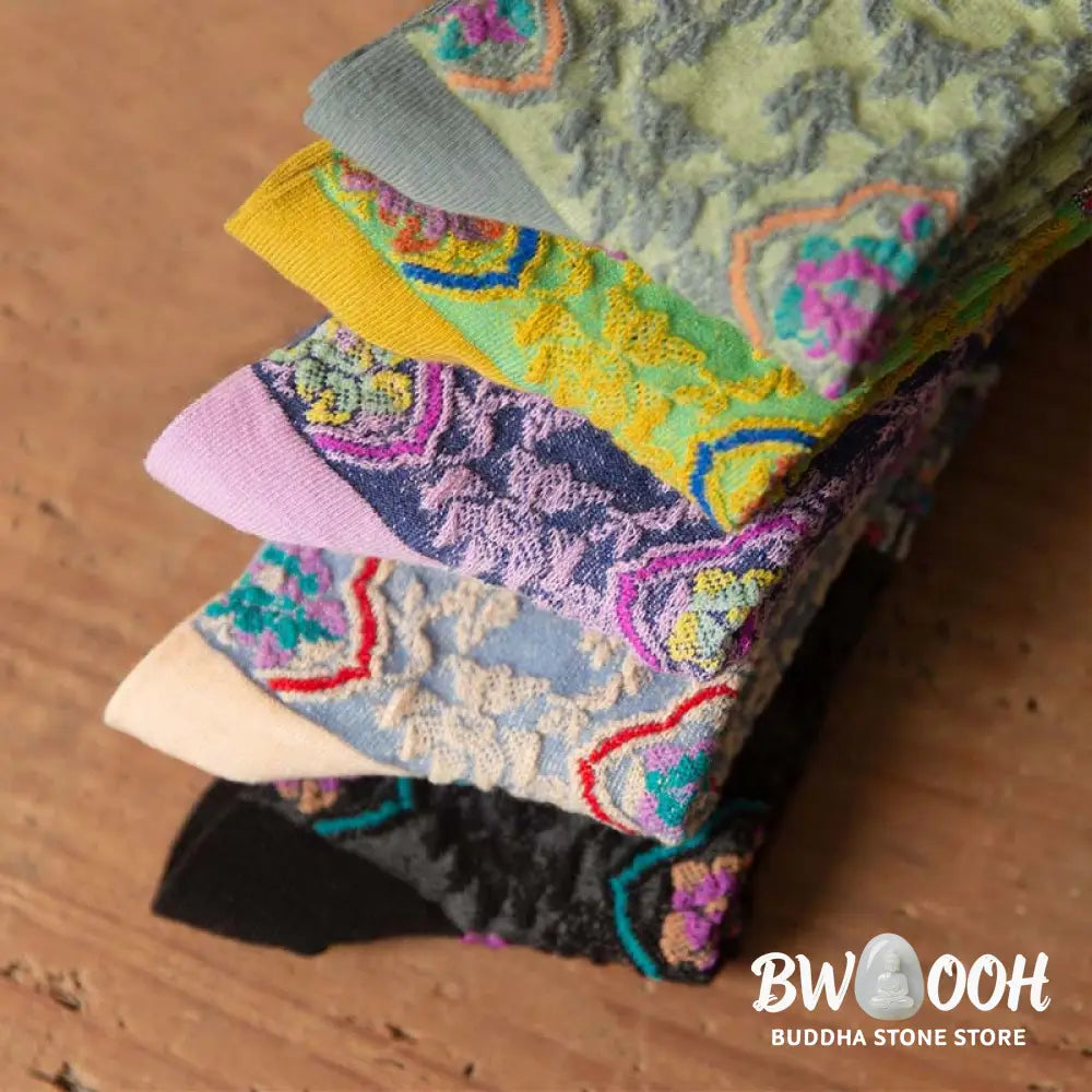 Buddha Stones Retro Embossed Floral Pattern Micro Crew Women Cotton Socks - Women’s Socks