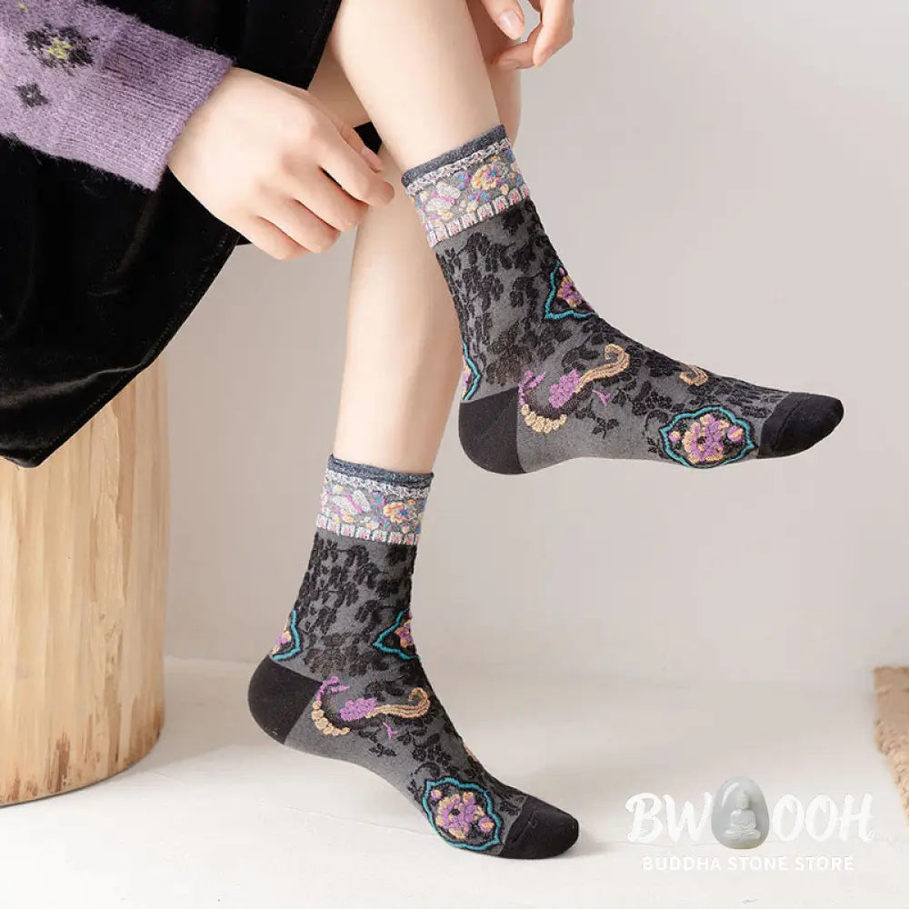 Buddha Stones Retro Embossed Floral Pattern Micro Crew Women Cotton Socks - Women’s Socks