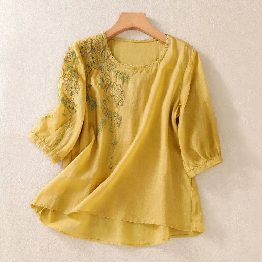 Buddha Stones Retro Embroidery Floral Pattern Short Sleeve Crew Neck Women’s Shirt - Gold / US4，UK/AU8，EU36 (L)