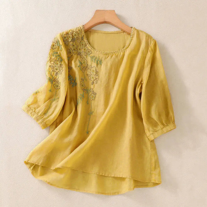 Buddha Stones Retro Embroidery Floral Pattern Short Sleeve Crew Neck Women’s Shirt - Gold / US4，UK/AU8，EU36 (L)
