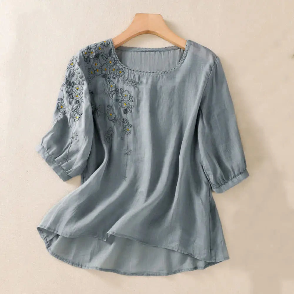 Buddha Stones Retro Embroidery Floral Pattern Short Sleeve Crew Neck Women’s Shirt - LightSteelBlue / US4，UK/AU8，EU36