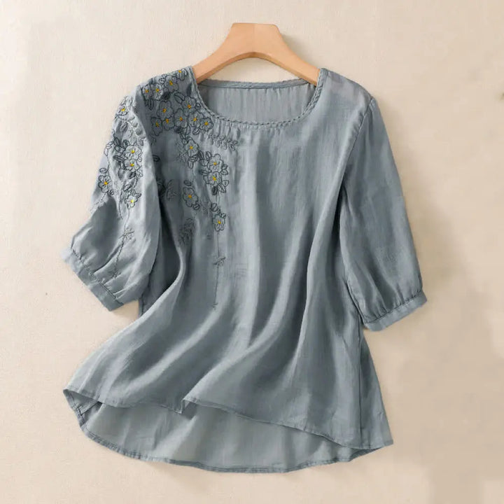 Buddha Stones Retro Embroidery Floral Pattern Short Sleeve Crew Neck Women’s Shirt - LightSteelBlue / US4，UK/AU8，EU36