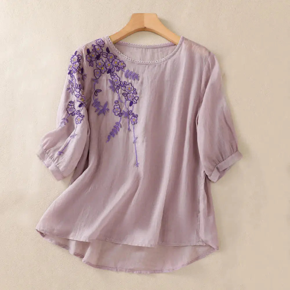 Buddha Stones Retro Embroidery Floral Pattern Short Sleeve Crew Neck Women’s Shirt - Plum / US4，UK/AU8，EU36 (L)